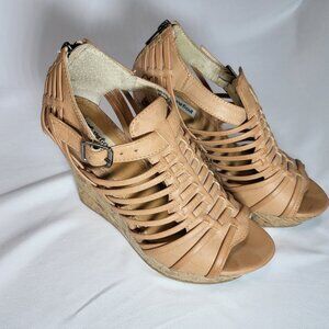 Not Rated Cork Bottom Light Brown Leather Strappy Wedges Women's Size 7